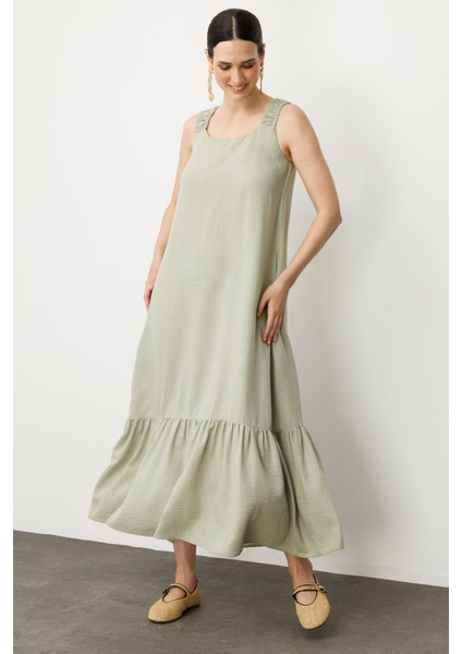 Keten Görünümlü Askılı Uzun Elbise-Çağla indirimleri