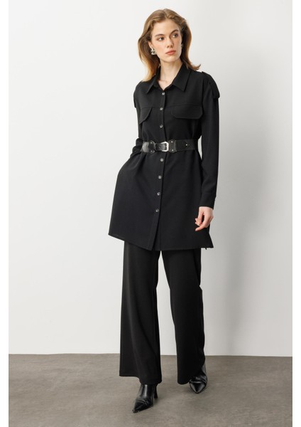 Lastik Kemer Detaylı Krep Tunik Gömlek-Siyah fiyatları