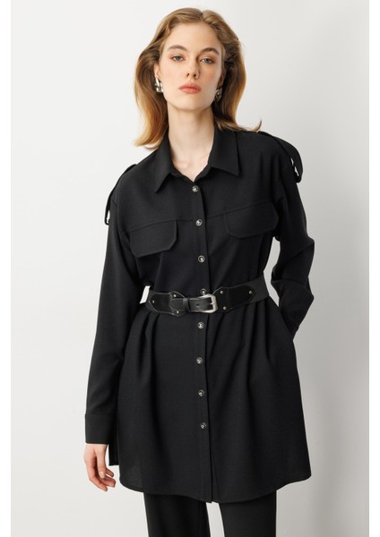 Lastik Kemer Detaylı Krep Tunik Gömlek-Siyah fırsatları