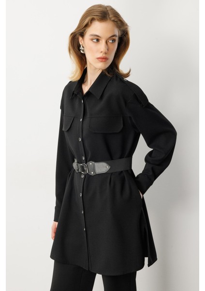 Lastik Kemer Detaylı Krep Tunik Gömlek-Siyah indirimleri