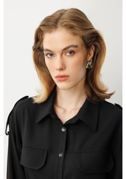 Lastik Kemer Detaylı Krep Tunik Gömlek-Siyah