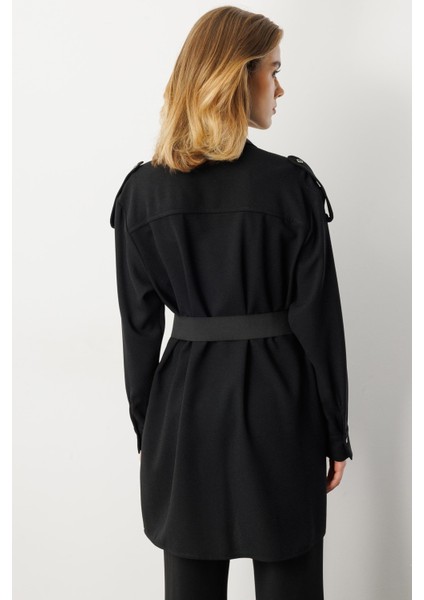 Lastik Kemer Detaylı Krep Tunik Gömlek-Siyah