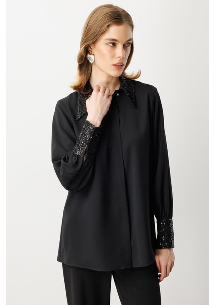 Payet Detaylı Gömlek-Siyah fırsatları