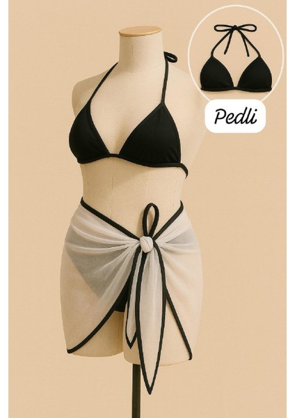 Kadın Siyah Beyaz Pareolu Yandan ve Boyundan Bağlamalı 3'lü Bikini Takımı fiyatları