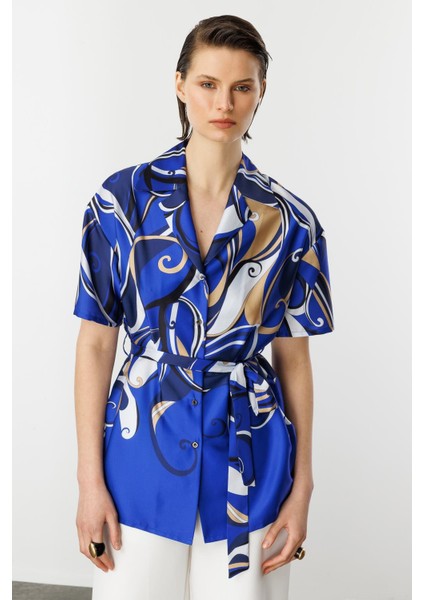 Kuşaklı Saten Gömlek-Sax indirimleri