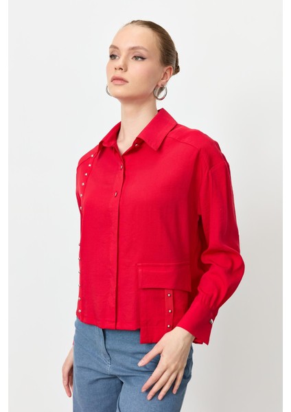 Zımba Şerit Detaylı Gömlek-Kırmızı