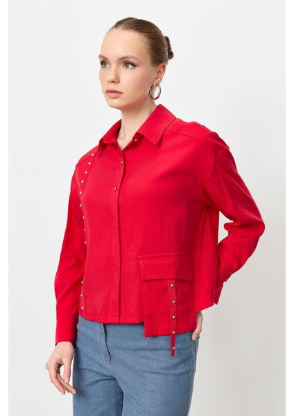 Zımba Şerit Detaylı Gömlek-Kırmızı fiyatları