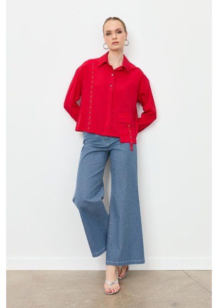 Zımba Şerit Detaylı Gömlek-Kırmızı modelleri