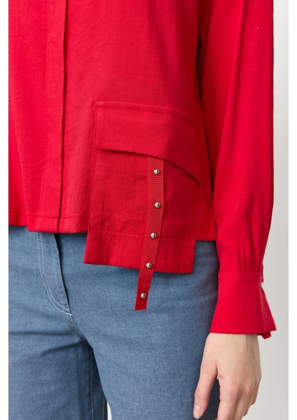 Zımba Şerit Detaylı Gömlek-Kırmızı fırsatları