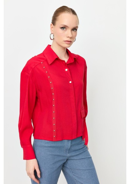 Zımba Şerit Detaylı Gömlek-Kırmızı indirimleri