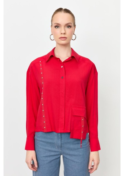 Zımba Şerit Detaylı Gömlek-Kırmızı