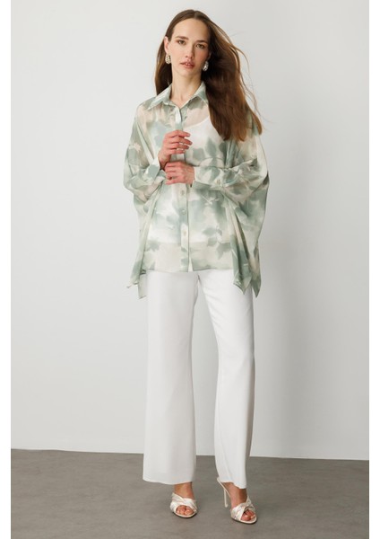 Çiçek Desenli Şifon Gömlek-Yeşil