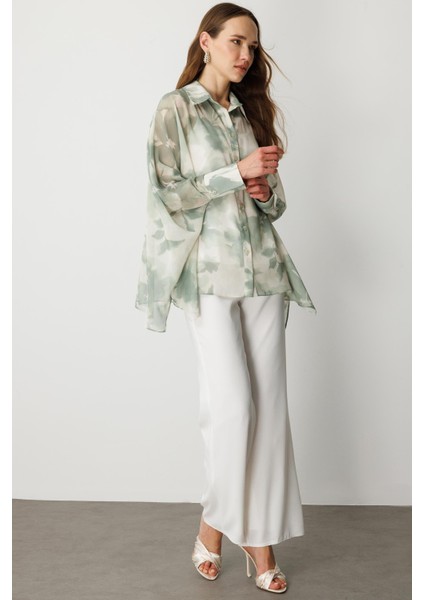 Çiçek Desenli Şifon Gömlek-Yeşil fiyatları