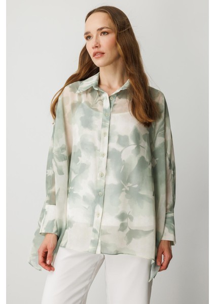 Çiçek Desenli Şifon Gömlek-Yeşil modelleri