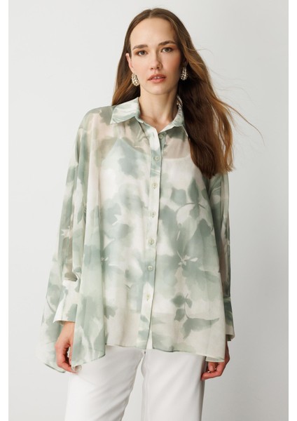 Çiçek Desenli Şifon Gömlek-Yeşil fırsatları