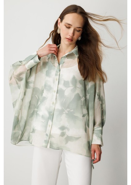 Çiçek Desenli Şifon Gömlek-Yeşil indirimleri