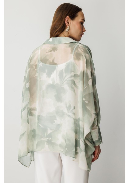 Çiçek Desenli Şifon Gömlek-Yeşil