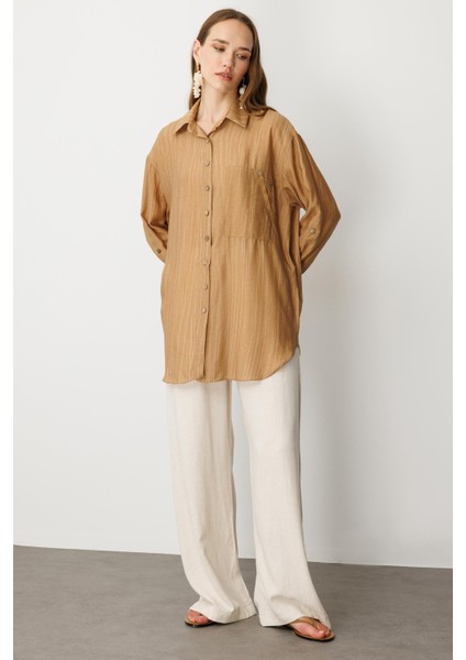 Cep Detaylı Oversize Gömlek Tunik-Camel