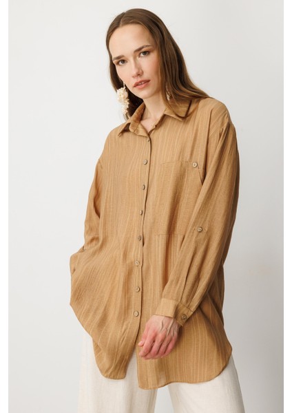 Cep Detaylı Oversize Gömlek Tunik-Camel fiyatları