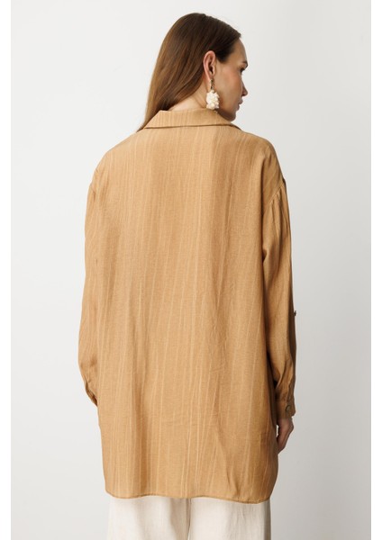 Cep Detaylı Oversize Gömlek Tunik-Camel