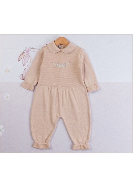 2835 Kız Bebek Natural Çiçek Nakışlı Organik Triko Tulum