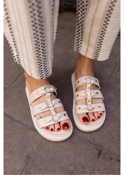 Piero Kadin Bej Deri Tozlu Metal Tokali Terlik modelleri