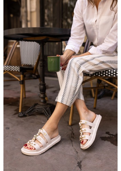 Piero Kadin Bej Deri Tozlu Metal Tokali Terlik indirimleri