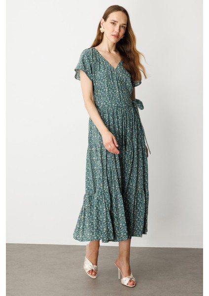 Çiçek Desenli Kruvaze Yaka Uzun Elbise-Yeşil modelleri