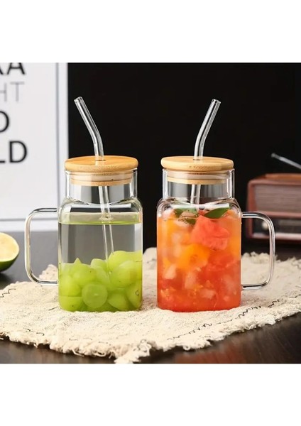 Bambu Kapaklı Pipetli Borosilikat Sunum Bardağı, Kahve Bardağı, Kulplu Bardak (650 Ml)