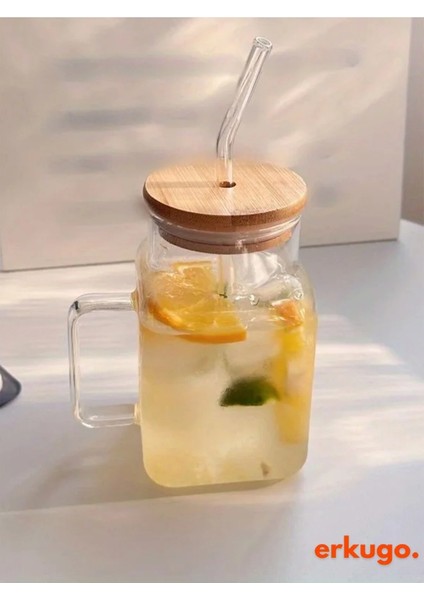 Bambu Kapaklı Pipetli Borosilikat Sunum Bardağı, Kahve Bardağı, Kulplu Bardak (650 Ml) modelleri