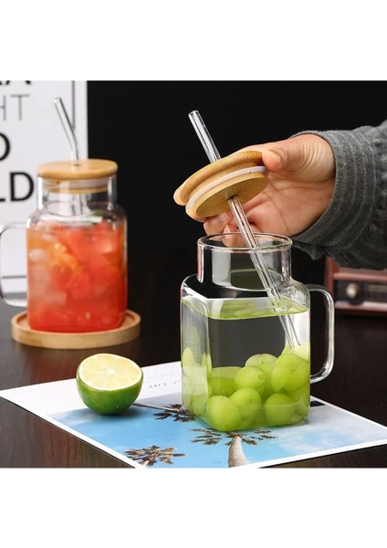 Bambu Kapaklı Pipetli Borosilikat Sunum Bardağı, Kahve Bardağı, Kulplu Bardak (650 Ml) fırsatları