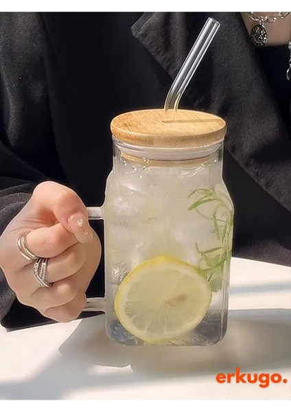 Bambu Kapaklı Pipetli Borosilikat Sunum Bardağı, Kahve Bardağı, Kulplu Bardak (650 Ml) indirimleri