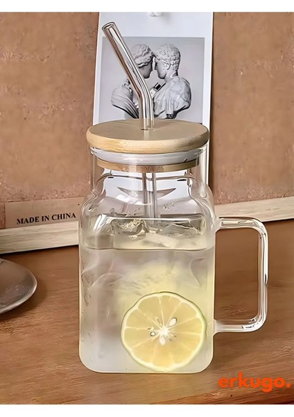 Bambu Kapaklı Pipetli Borosilikat Sunum Bardağı, Kahve Bardağı, Kulplu Bardak (650 Ml)