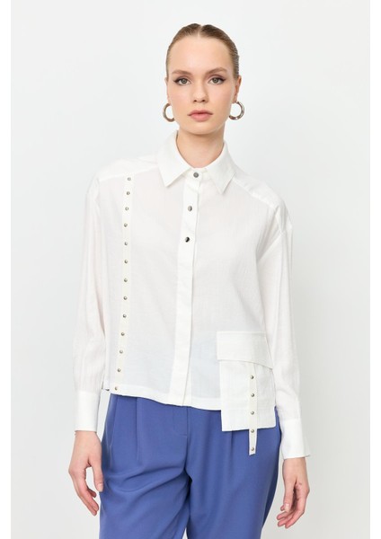Zımba Şerit Detaylı Gömlek-Ekru