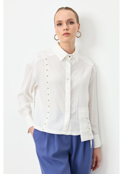 Zımba Şerit Detaylı Gömlek-Ekru indirimleri