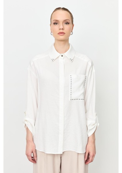 Yaka ve Cep Detaylı Gömlek-Ekru