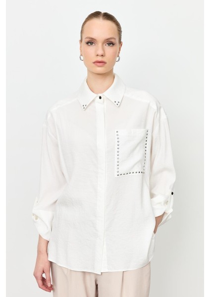 Yaka ve Cep Detaylı Gömlek-Ekru fiyatları