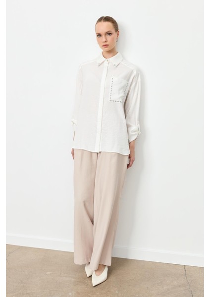 Yaka ve Cep Detaylı Gömlek-Ekru