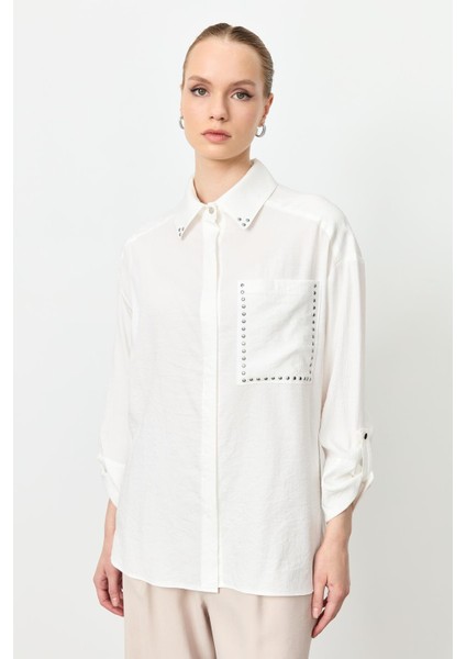 Yaka ve Cep Detaylı Gömlek-Ekru