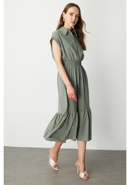 Keten Görünüm Farbela Detaylı Uzun Elbise-Çağla