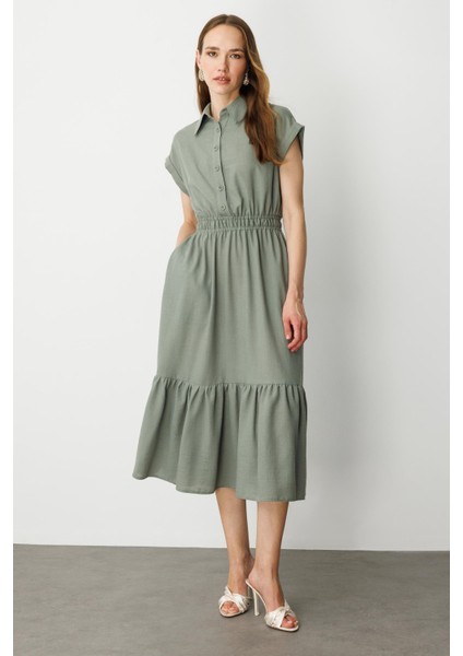 Keten Görünüm Farbela Detaylı Uzun Elbise-Çağla fiyatları