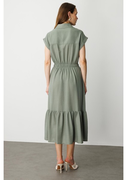 Keten Görünüm Farbela Detaylı Uzun Elbise-Çağla