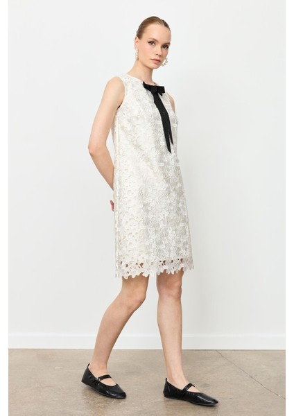 Kurdele Detaylı Dantel Elbise-Kemık fiyatları