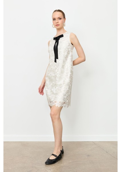 Kurdele Detaylı Dantel Elbise-Kemık fırsatları