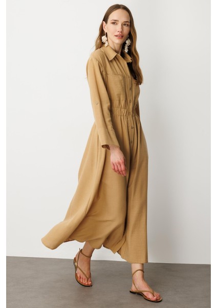 Keten Görünüm Düğmeli Uzun Elbise-Camel