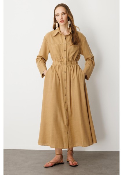 Keten Görünüm Düğmeli Uzun Elbise-Camel fiyatları