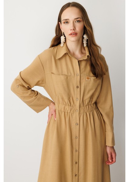 Keten Görünüm Düğmeli Uzun Elbise-Camel modelleri