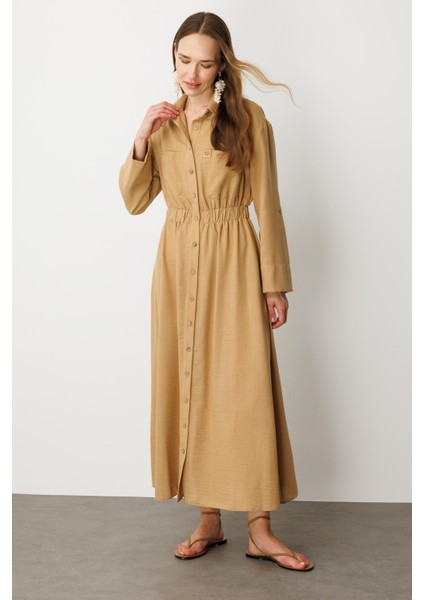 Keten Görünüm Düğmeli Uzun Elbise-Camel fırsatları