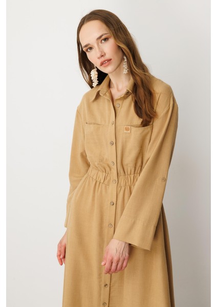 Keten Görünüm Düğmeli Uzun Elbise-Camel