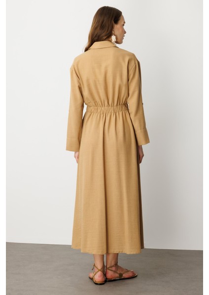 Keten Görünüm Düğmeli Uzun Elbise-Camel
